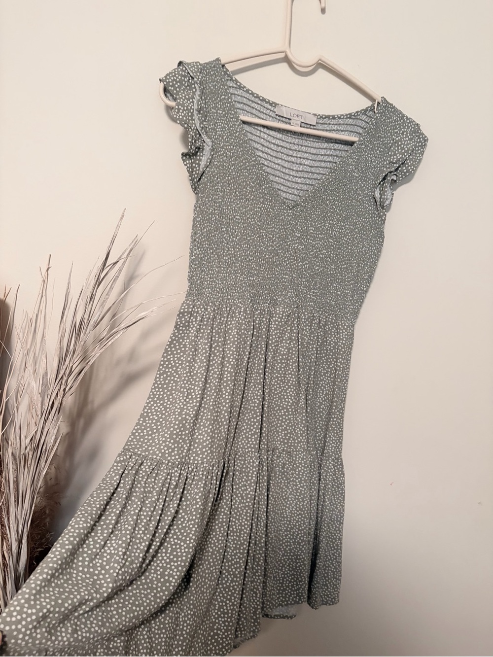 LOFT Sage Green Polka Dot Smocked Midi Dress